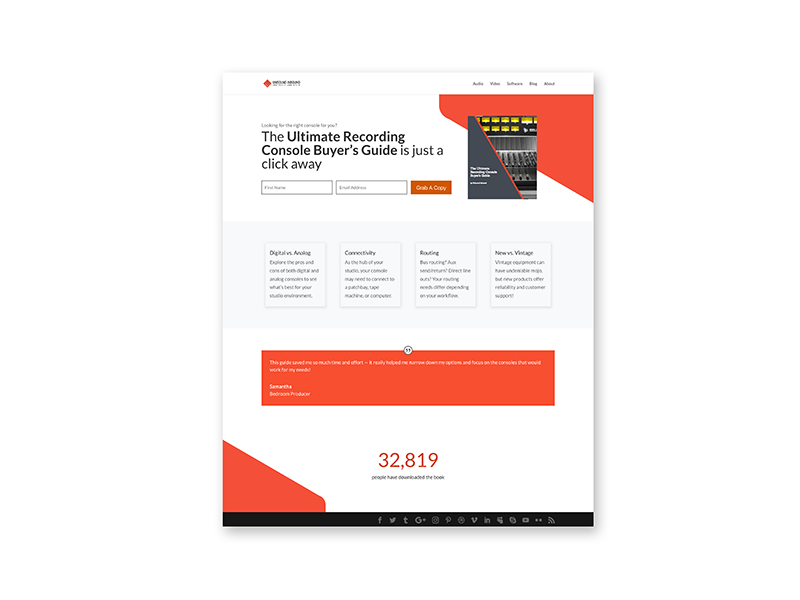 Music tech landing page with ebook